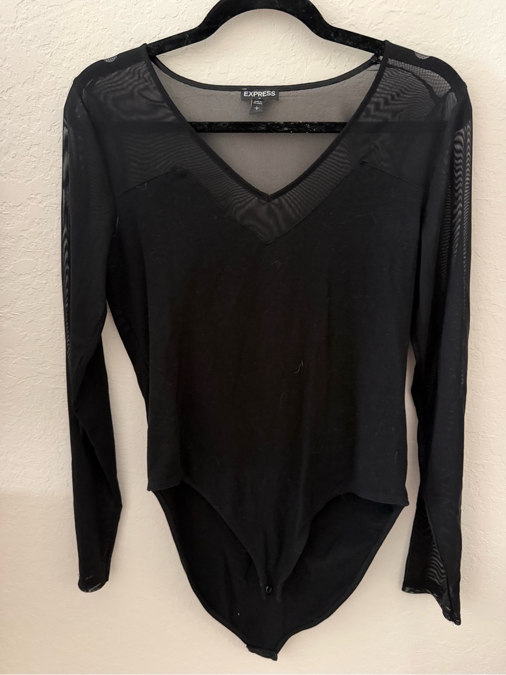 Express Black V-Neck Long Sleeve Mesh-Accent Bodysuit